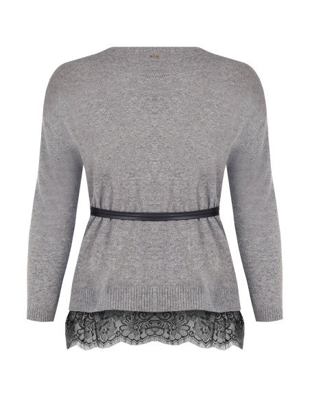 Pull ample pour femmes rondes, avec bas en dentelle et longue ceinture fine en simili-cuir, collection Rinascimento Curvy
