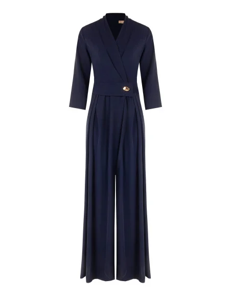 Fluid-Fabric Palazzo Jumpsuit with Surplice Neckline and Metal Detail Rinascimento