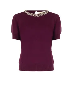 Pull à manches courtes en mélange de viscose avec cristaux cabochon Rinascimento