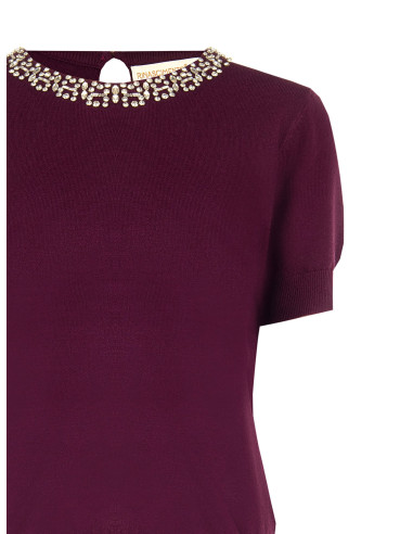 Pull à manches courtes en mélange de viscose orné de cristaux caboc...