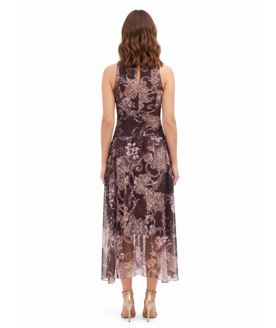 Long Printed Chiffon Dress with Bow and Pleated Waist – Rinascimento
