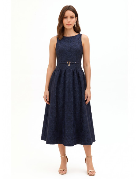 Jacquard Midi Dress in Textured Fabric with Lurex and Full Skirt Rinascimento