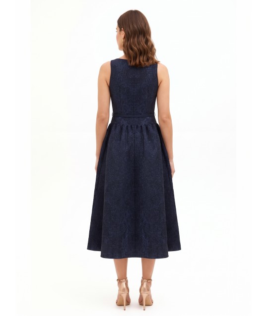 Abito Midi In Tessuto Jacquard Goffrato Con Lurex E Gonna A Corolla Rinascimento