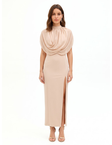 Robe longue fourreau en crêpe scuba avec drapé en georgette « Rinas...