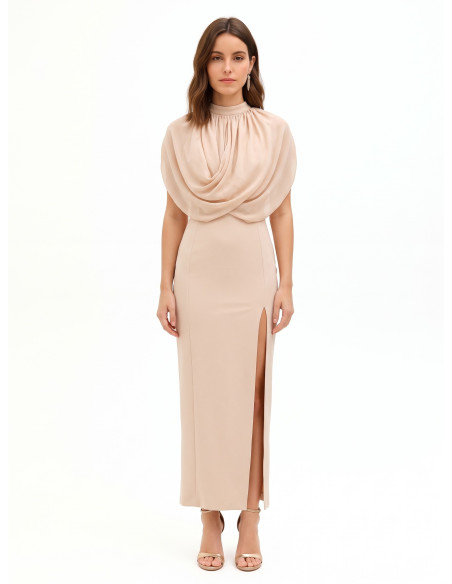 Long Sheath Dress in Scuba Crepe with Georgette Draping by Rinascim...