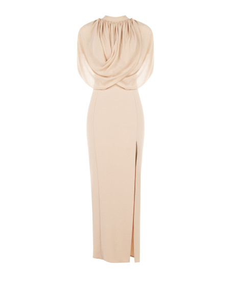 Robe longue fourreau en crêpe scuba avec drapé en georgette « Rinas...