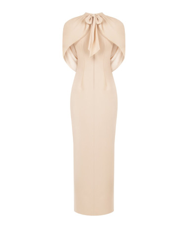 Robe longue fourreau en crêpe scuba avec drapé en georgette « Rinas...