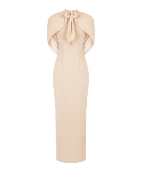 Robe longue fourreau en crêpe scuba avec drapé en georgette « Rinas...