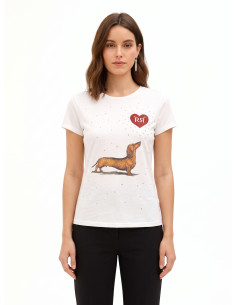 T-Shirt Regular In Cotone Con Stampa Bassotto Cuore E Strass Rinascimento