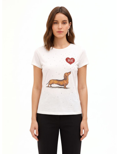 T-Shirt Regular In Cotone Con Stampa Bassotto Cuore E Strass Rinascimento
