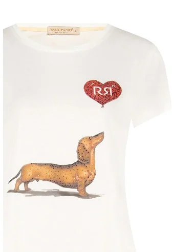 Regular-Fit Cotton T-Shirt with Dachshund, Heart and Rhinestone Print Rinascimento
