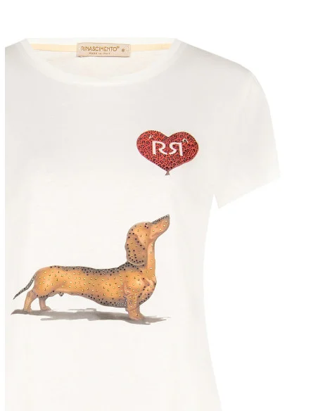 Regular-Fit Cotton T-Shirt with Dachshund, Heart and Rhinestone Print Rinascimento