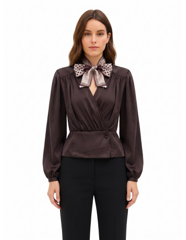 Blouse portefeuille en satin à encolure en V avec foulard amovible ...