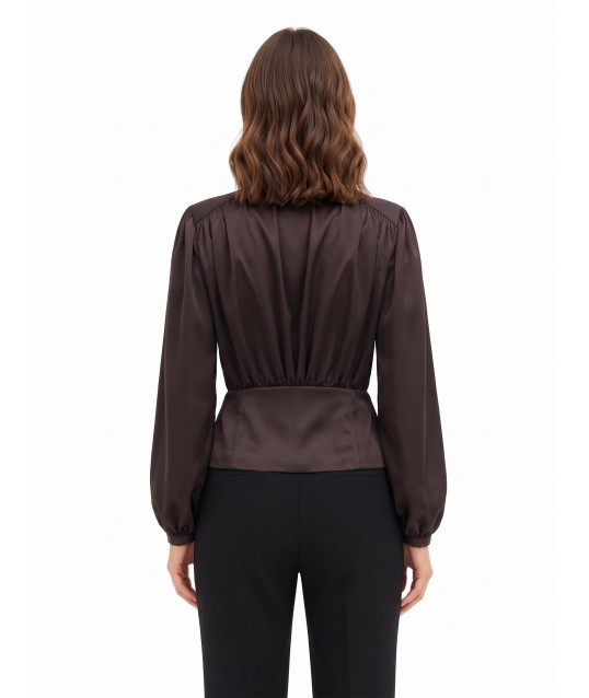 Satin Wrap-Around Blouse with V-neck and Removable Logo Scarf by Rinascimento