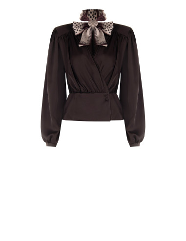Satin Wrap Blouse with V-Neck and Removable Logo-Print Scarf Rinascimento