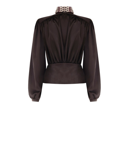 Satin Wrap Blouse with V-Neck and Removable Logo-Print Scarf Rinascimento