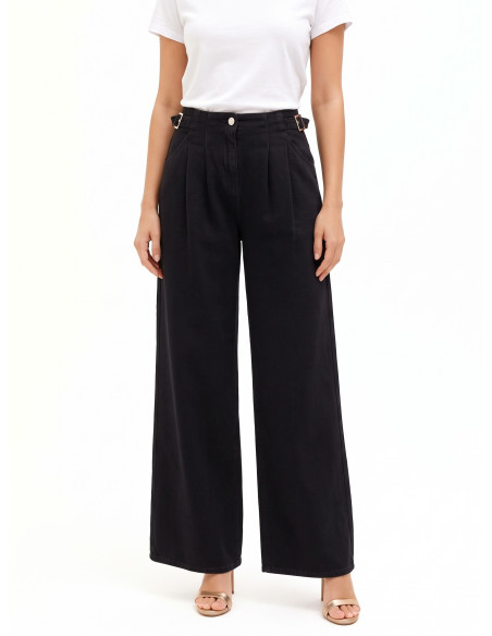 Jeans Super Wide Leg A Pieghe Con Fibbie Sui Fianchi Rinascimento