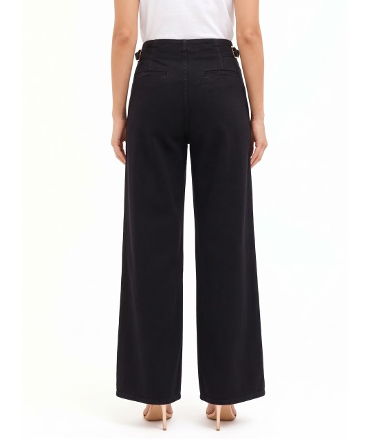 Rinascimento Super Wide-Leg Pleated Jeans with Buckles at the Hips