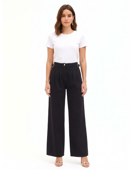 Jeans Super Wide Leg A Pieghe Con Fibbie Sui Fianchi Rinascimento