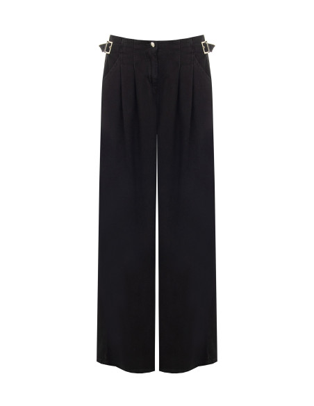 Super Wide-Leg Pleated Jeans with Buckles on the Hips Rinascimento