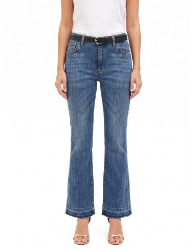 Jeans Flare Elasticizzati Con Borchie E Orlo Scucito Rinascimento
