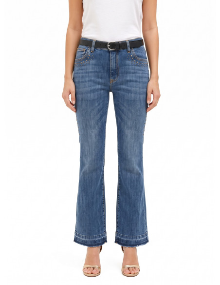 Jeans Flare Elasticizzati Con Borchie E Orlo Scucito Rinascimento
