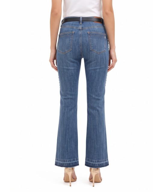 Rinascimento Stretch Flare Jeans with Studs and Frayed Hem