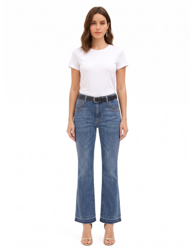 Stretch Flare Jeans with Studs and Frayed Hem Rinascimento