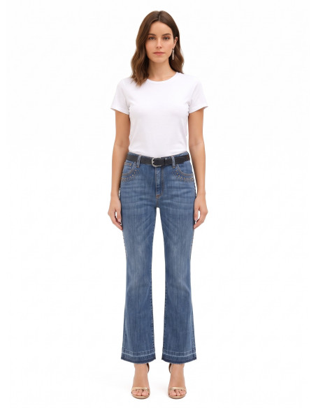 Jeans Flare Elasticizzati Con Borchie E Orlo Scucito Rinascimento