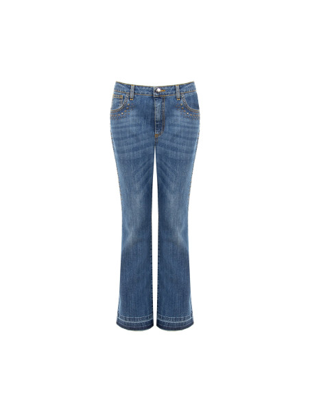 Stretch Flare Jeans with Studs and Frayed Hem Rinascimento