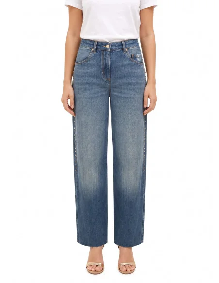 Wide-leg Jeans with Studs and Crystals on the Sides Rinascimento