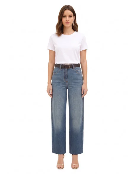 Jeans Wide Leg Con Borchie E Cristalli Sui Lati Rinascimento