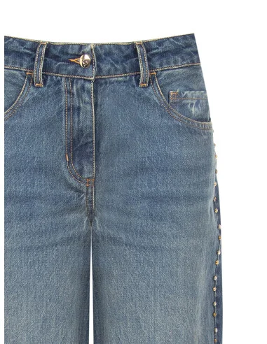 Wide-leg Jeans with Studs and Crystals on the Sides Rinascimento