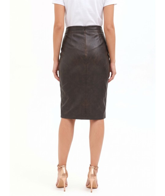 Faux Leather Sheath Skirt with a Distressed Look and a Rinascimento-Style Slit