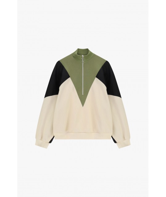 Dixie Hoodless Zip-Up Sweatshirt with Geometric Details