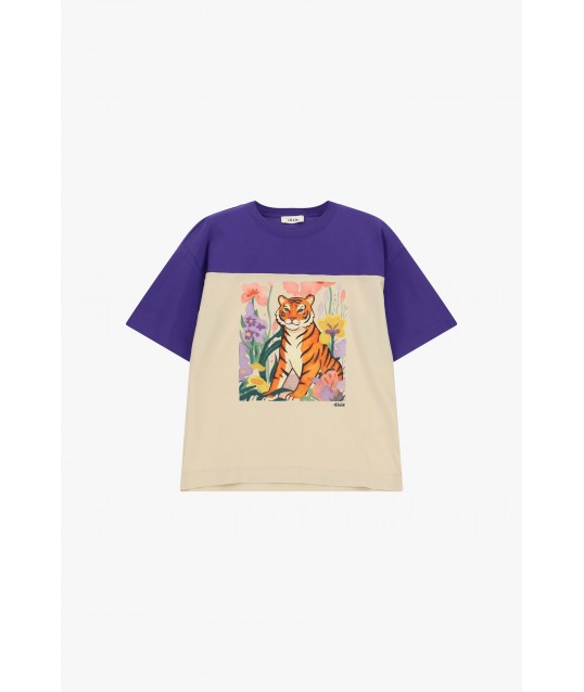 T-Shirt Stampa Tigre E Fiori Maniche Corte Dixie