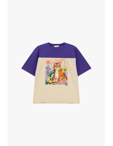 T-Shirt Stampa Tigre E Fiori Maniche Corte Dixie