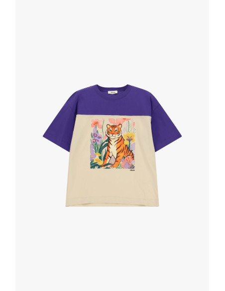 T-Shirt Stampa Tigre E Fiori Maniche Corte Dixie