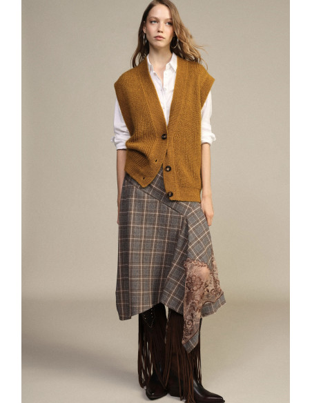 Checked Midi Skirt with Asymmetrical Panel Dixie