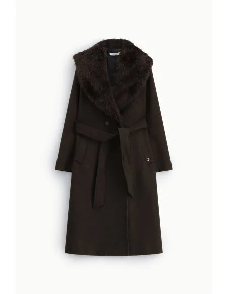 Manteau long à grand col en fourrure Please