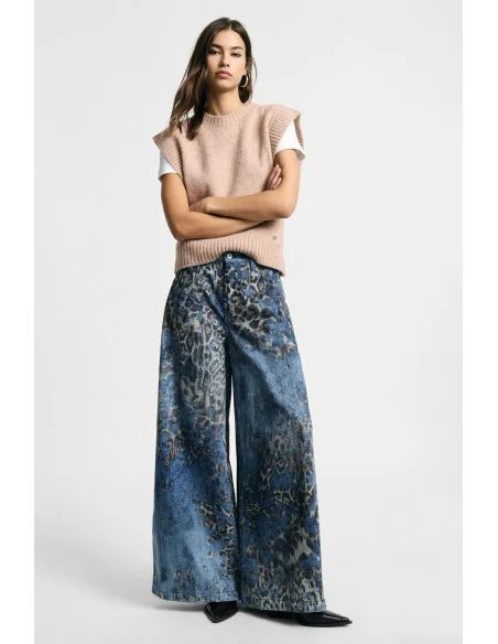 Jeans Animalier A Gamba Molto Ampia Vita Media Please