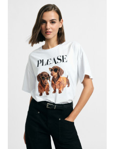 T-Shirt A Maniche Corte Stampa Cani E Scritta Frontale Please