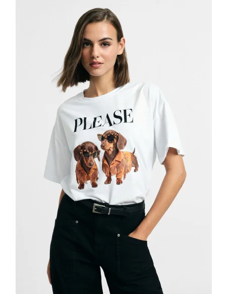 T-Shirt A Maniche Corte Stampa Cani E Scritta Frontale Please