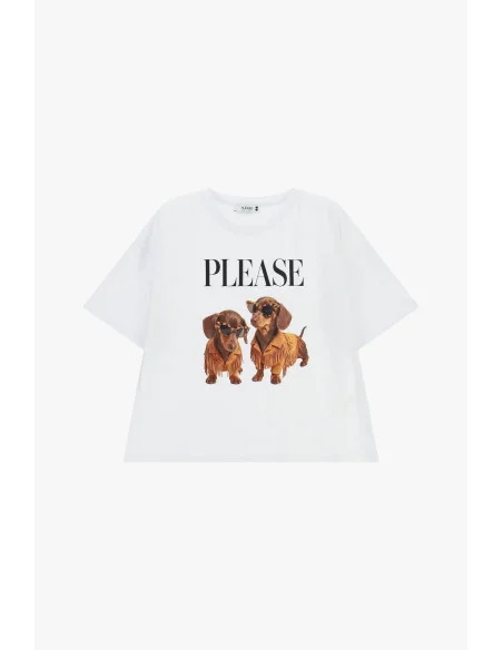 Short-sleeved T-shirt with a dog print and ‘Please’ written on the front