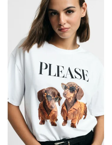 T-Shirt A Maniche Corte Stampa Cani E Scritta Frontale Please