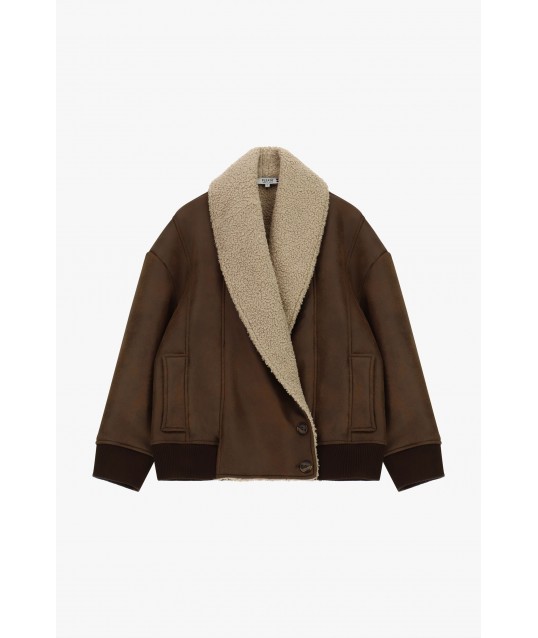 Veste courte en fausse fourrure avec grand col « Please »