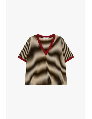Striped T-Shirt with V-Neck and Contrast Trims Please