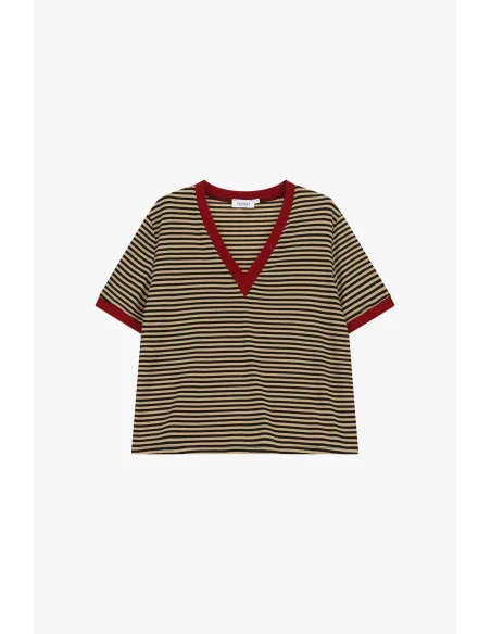 T-shirt à rayures avec col en V et bordures contrastées Please