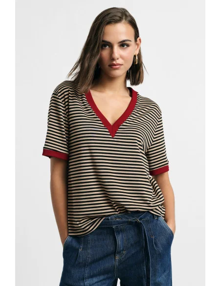 Striped T-Shirt with V-Neck and Contrast Trims Please