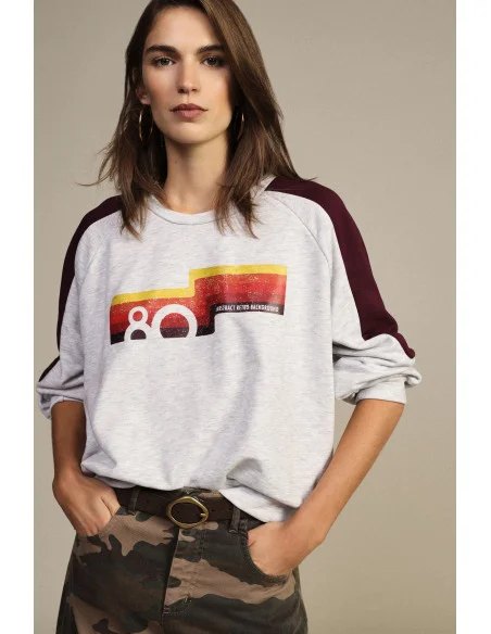 Crew-Neck Sweatshirt with Contrast Sleeves and Front Print Dixie